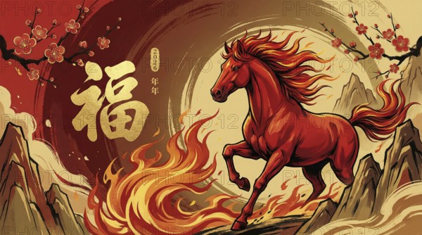 Illustration of a fiery red horse racing through a traditional Chinese landscape, symbolising strength, energy, and good fortune for the Year of the Horse 2026 during the Lunar New Year celebration or Chinese new Year, AI generated
