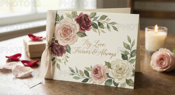 A vibrant Valentine's Day greetings card featuring wreath and elegant lettering to convey romance, warmth, and heartfelt affection, AI generated