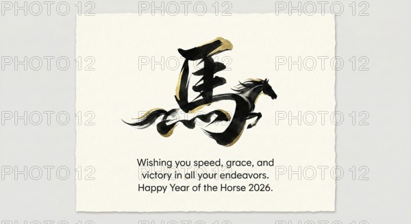 A minimal illustration of a fiery red horse racing through a traditional Chinese landscape, symbolising strength, energy, and good fortune for the Year of the Horse 2026 during the Lunar New Year celebration, AI generated