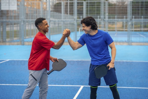 Two diverse men playing pickleball are celebrating with a high five on a blue outdoor court, symbolizing teamwork, friendship, and fair play in recreation and sport
