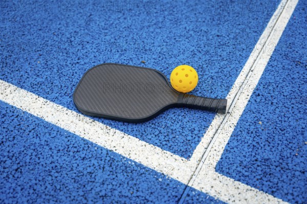 Pickleball paddle and yellow wiffle ball resting on the vibrant blue indoor court surface with white boundary lines, representing sport, activity, and recreation