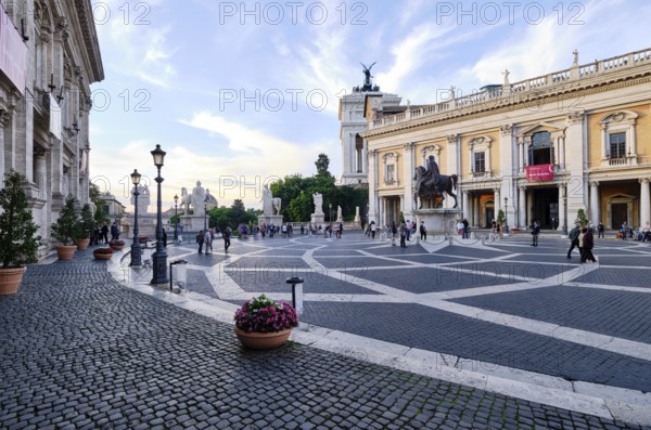 Piazza del Campidoglio on the Capitoline Hill, in the back equestrian statue Marcus Aurelius and Palazzo Nuovo, Capitol Square, Rome, Lazio, Italy