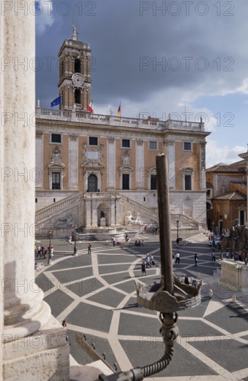 View from the Palazzo Nuovo to the Senatorial Palace (Palazzo Senatorio), Piazza del Campidoglio on the Capitoline Hill, Capitoline Square, Rome, Lazio, Italy