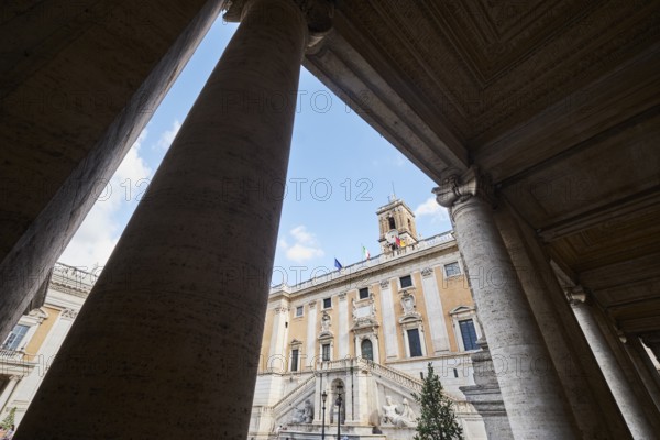 View from the Palace of the Conservators (Palazzo dei Conservatori) to the Senatorial Palace (Palazzo Senatorio), Piazza del Campidoglio on the Capitoline Hill, Capitoline Square, Rome, Lazio, Italy