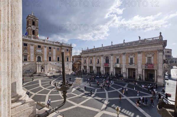 View from Palazzo Nuovo to equestrian statue of Marcus Aurelius in front of Palazzo Senatorio, Palazzo dei Conservatori on Piazza del Campidoglio on the Capitoline Hill, Capitoline Square, Rome, Lazio, Italy