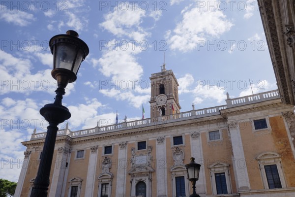 Senatorial Palace (Palazzo Senatorio) and lanterns in the foreground, Piazza del Campidoglio on the Capitoline Hill, Capitoline Square, Rome, Lazio, Italy