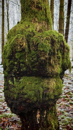 Tree covered in moss in a snow-covered forest, conveys peace and naturalness, forest spirit, face, Rennsteig, Frankenwald nature park Park