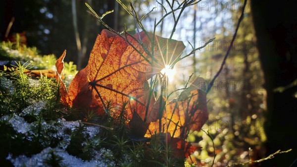 Sunbeams shine through autumn leaves in the forest, Rennsteig, Frankenwald nature park Park