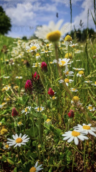 Meadow with colourful flowers such as meadow daisies (Leucanthemum vulgare) under a blue sky, Franconian Forest