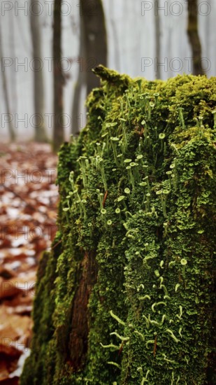 An old tree stump with dense green moss in a misty, autumnal forest, trumpet lichen (cladonia fimbriata), Rennsteig, Franconian Forest nature park Park
