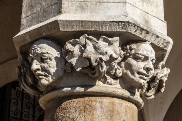 Arcades and Mascaron Heads, Rynek with Cloth Hall, from 13th century, Main Market Square, landmark of the city, Krakow, Poland