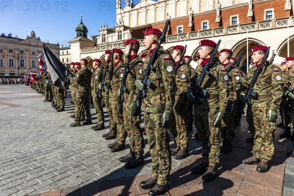 Polish National Military Festival, Rynek with Cloth Hall, from 13th century, Main Market Square, city landmark, Krakow, Poland