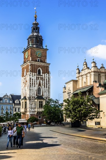 Town Hall Tower on Rynek, rest of the town hall built in the 13th century, Rynek with Cloth Halls, from 13th century, Main Market Square, landmark of the city, Krakow, Poland