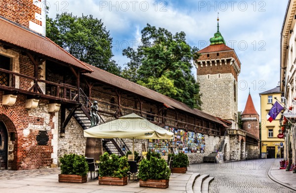 Florian's Gate with city wall and defensive towers, Krakow, Poland