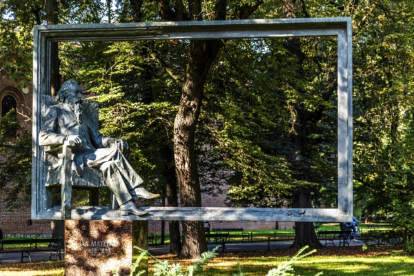 Monument to the famous Polish painter Matejko, details of the old town alleys, Krakow, Poland