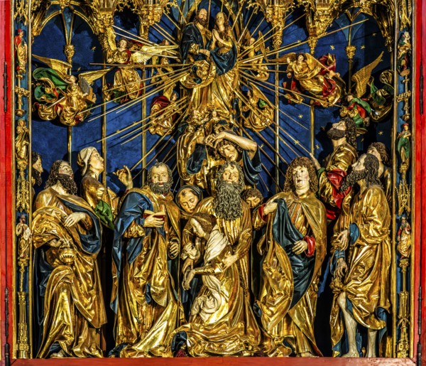 Main shrine, death of Mary in the circle of the Apostles with the Assumption of Mary, high altar, Veit Stoß, opened altarview, St. Mary's Church, 1489, Krakow, Poland