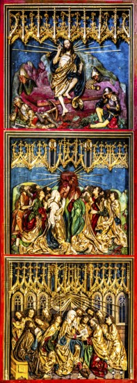 Right wing, Resurrection of Christ, Ascension of Christ, outpouring of the Holy Spirit, high altar, Veit Stoß, opened altarpiece, St. Mary's Church, 1489, Krakow, Poland