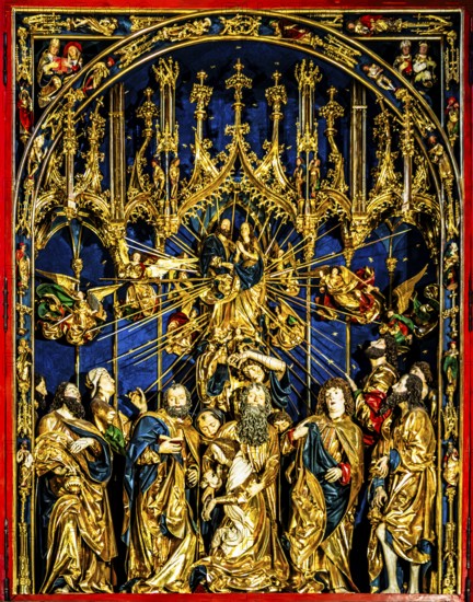 Main shrine, death of Mary in the circle of the Apostles with the Assumption of Mary, high altar, Veit Stoß, opened altarview, St. Mary's Church, 1489, Krakow, Poland