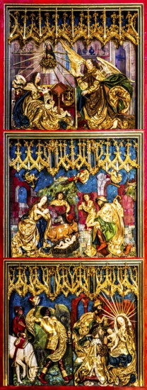 Left wing, Annunciation, Nativity, Adoration of the Magi, high altar, Veit Stoß, opened altarpiece, St. Mary's Church, 1489, Krakow, Poland