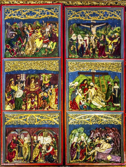 Arrest of Christ, twelve-year-old Jesus in the temple, presentation of Jesus in the temple, crucifixion of Jesus, entombment of Jesus, high altar, Veit Stoß, closed view, St. Mary's Church, 1489, Krakow, Poland