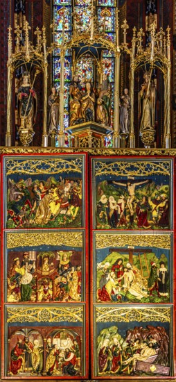 Capture of Christ, twelve-year-old Jesus in the temple, presentation of Jesus in the temple, crucifixion of Jesus, abomination of Jesus, entombment of Jesus, with predella, high altar, Veit Stoß, closed view, St. Mary's Church, 1489, Krakow, Poland