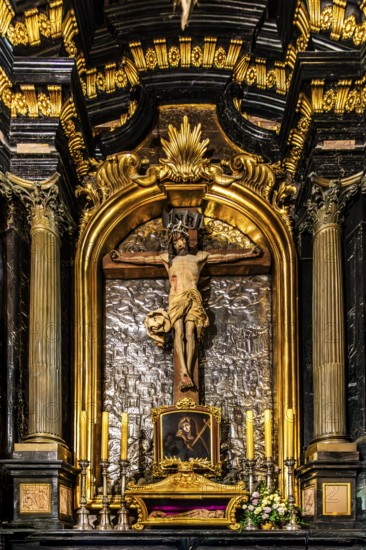 Altar with Christ sculpture, silverwork background, depicting Jerusalem, St. Mary's Church, 14th century, Krakow, Poland