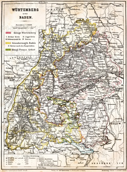 Colored topographic map of the Kingdom of Würtemberg and Grand Duchy of Baden, Royal Prussian Territory, scale in geographical terms, latitude, longitude, city size, number of inhabitants, border river Rhine, Lake Constance, topography, Württemberg, historical map from 1876