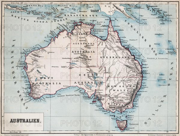 Color topographic map of the island of Australia, latitude, longitude, topography, Tasmania, Lesser Sunda Islands, coral sea, Indian Ocean, Australian states, Alexandra, Vistoria, historical map from 1876