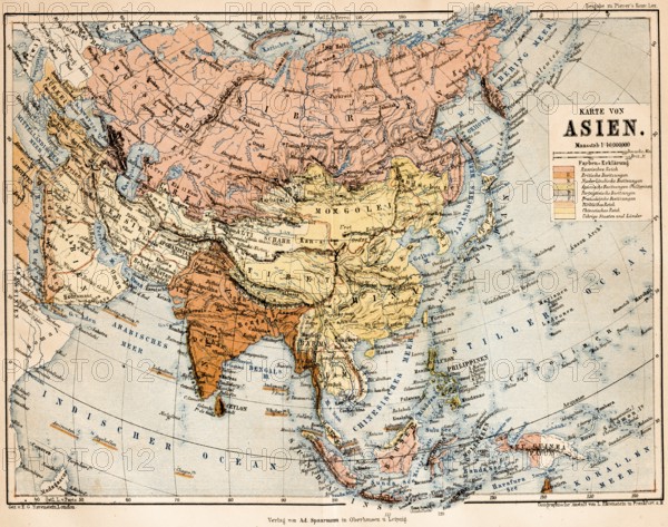 Coloured topographic map of the continent of Asia with European possessions during colonial times, colonialism, Far East, 19th century, possessions of Great Britain, Netherlands, Portugal, France, China Sea, Sea of Japan, Still Ocean, Indian Ocean, scale in British miles, scale 1, 40 million, latitude, longitude, topography, historical map from 1876