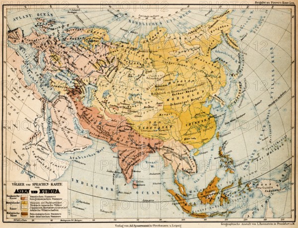 Color topographic map of the peoples and languages of Europe and Asia, scale 1, 40000000, distribution, Russia, India, Far East, China, Mongolia, Tibet, Persia, Baluzhistan, SO Asia, Middle East, Arabian Peninsula, cartography, longitude, latitude, Caucasian race, Mongolian race, Malay race, Arabs, Hindu, Persian, Tungusa, Chinese, Tatars, Tibetans Aner, topography, historical map from 1876