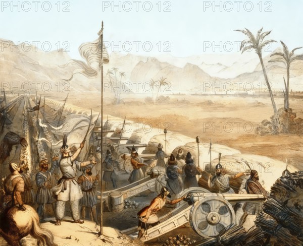 The defensive wall with field artillery cannons of the Sikh Empire, Battle of Ferozeshah, First Anglo-Sikh War, 1845