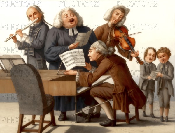Musical group with Händel, Bach, Tartini, Gluck, Quanz, Jomelli, Caricature from the 18th century