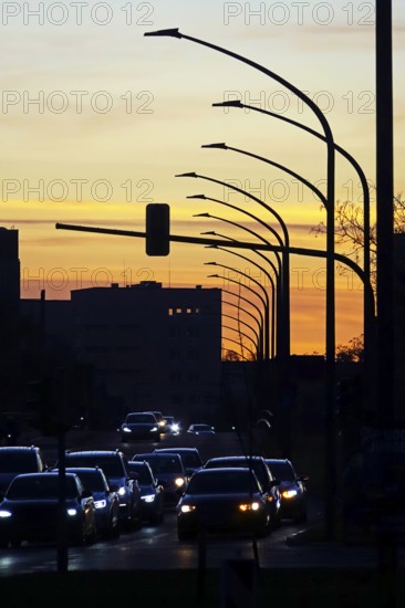Evening rush hour traffic in a city, winter, Germany