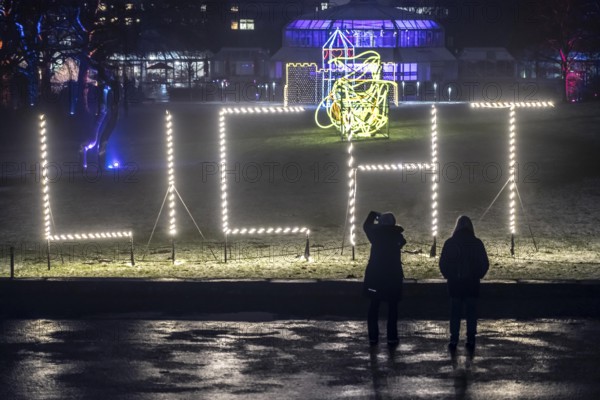 Park lights, events in winter, in the Grugapark in Essen, many different light installations, across the park, attract many thousands of visitors, North Rhine-Westphalia, Germany