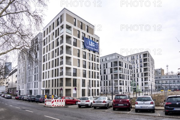 Newly completed apartments, 2026, LEG, in the southern quarter of Essen, so-called Literatur Quartier, on Friedrichstraße, 236 apartments are spread over 3 buildings, six to eight floors, with underground parking, playground and roof garden, 52 apartments are publicly funded social housing, a total of 18, 000 m² of living space, heated with district heating, Essen, North Rhine-Westphalia, Germany