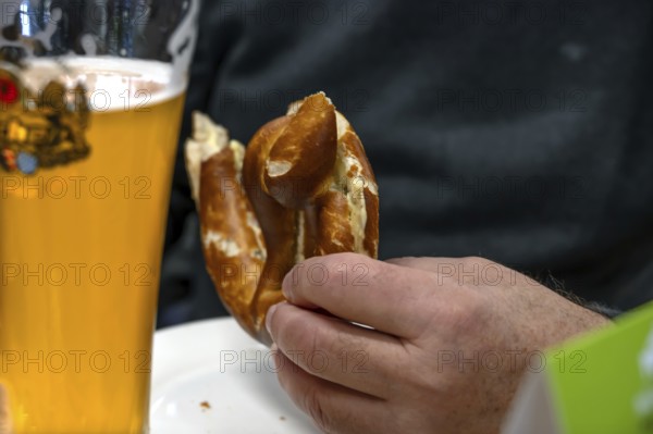 Snack with wheat beer and pretzel, Nuremberg, Middle Franconia, Bavaria, Germany