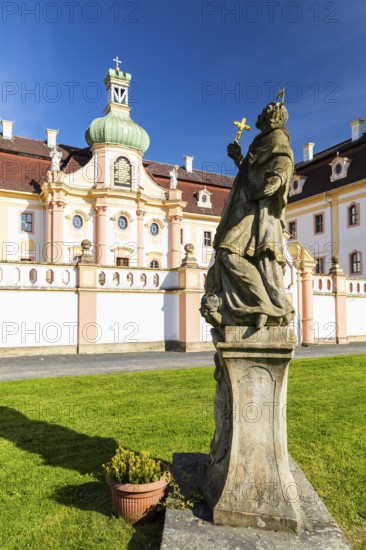Sandstone figure of a saint, St. Marienthal Abbey on the Neisse, Ostritz, Saxony, Germany