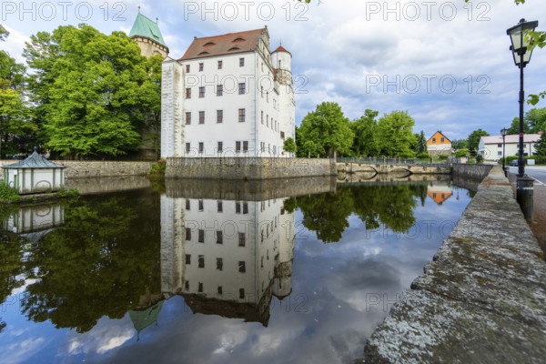 Renaissance Schönfeld Castle with reflection in water, Dresden, Saxony, Germany