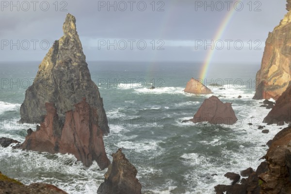Sunset, rainbow at sea, volcanic peninsula, Ponta de São Lourenço, Ponta de Sao Lourenco, rocky coast, Punta de San Lorenzo, Madeira, Portugal