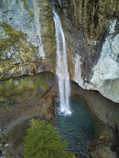 Aerial view of Berglistüber waterfall, Linthal, Klausenpass, Canton of Glarus, Switzerland