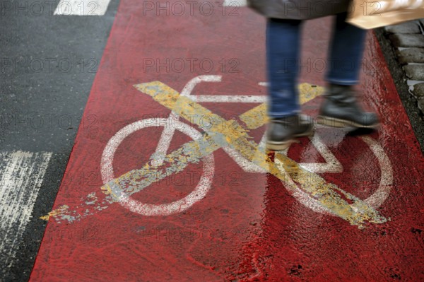 Red marked bicycle path closed to bicycles, Nuremberg, Middle Franconia, Bavaria, Germany