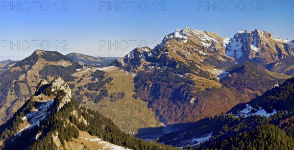 View of snow-covered Säntis from Gulmen, Amden, Canton of St. Gallen, Switzerland