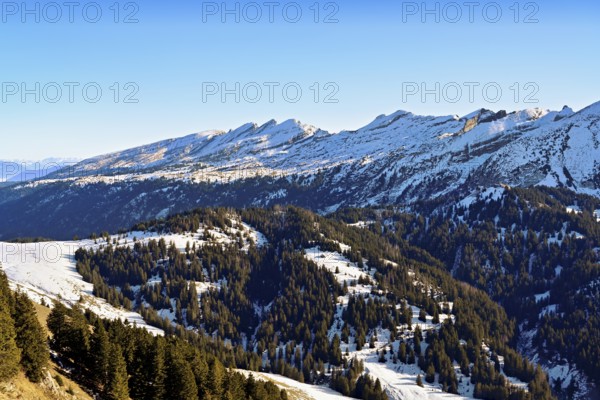 View of the snow-covered Churfirsten mountains from Gulmen, Amden, Canton of St. Gallen, Switzerland