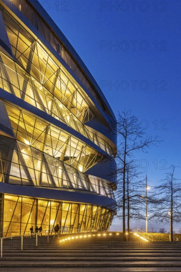 The Mercedes-Benz Museum in Stuttgart presents a journey through the automotive history of the global corporation. Spectacular architecture of the Automobile Museum in the evening. Stuttgart, Baden-Württemberg, Germany