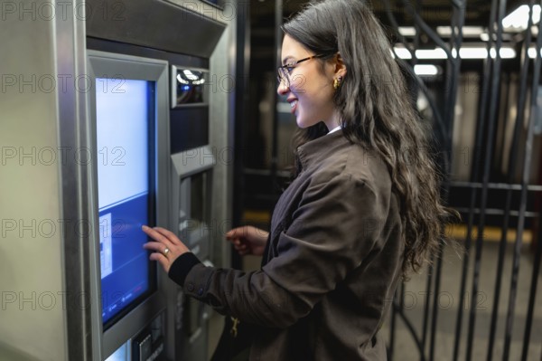 Young businesswoman standing at a subway station, operating an automated ticket machine to purchase public transportation fare, actively commuting in a bustling urban environment