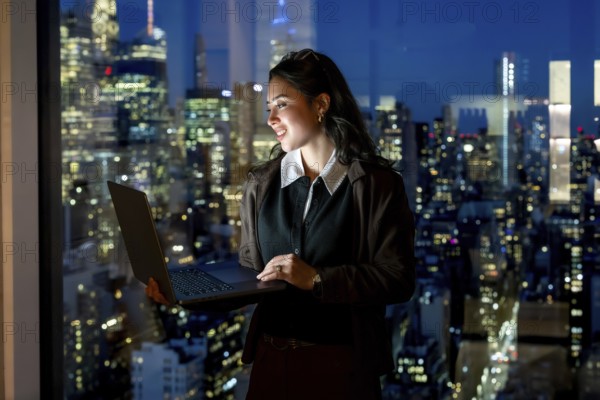 Young businesswoman stands by a floor to ceiling window at night, holding a laptop and smiling at manhattans illuminated skyline, symbolizing ambition, leadership and modern work life
