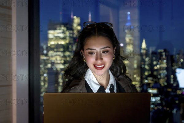 Young businesswoman working on a laptop at a new york city office. Focused and determined. With the illuminated manhattan skyline visible through the window. Symbolizing career success and dedication