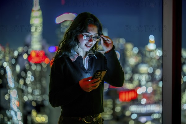 Young executive woman checking her mobile phone, adjusting her eyeglasses by a large window with a vibrant, illuminated manhattan cityscape blurring in the background at night