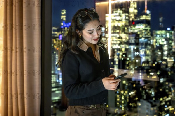 Young businesswoman standing by a window, focused on her smartphone while managing business communications with the illuminated manhattan skyline in the evening