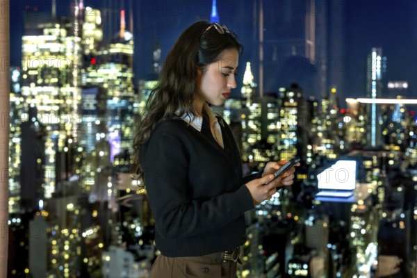 Young businesswoman standing by an office window, focused on her smartphone as the illuminated new york city skyline and skyscrapers glow at night, symbolizing urban professional life